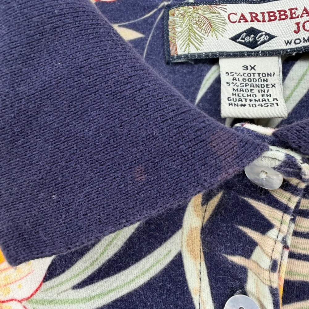 Caribbean Joe Polo Shirt Women 3X Navy Blue Tropical Floral Cotton Resort Casual - Picture 7 of 7